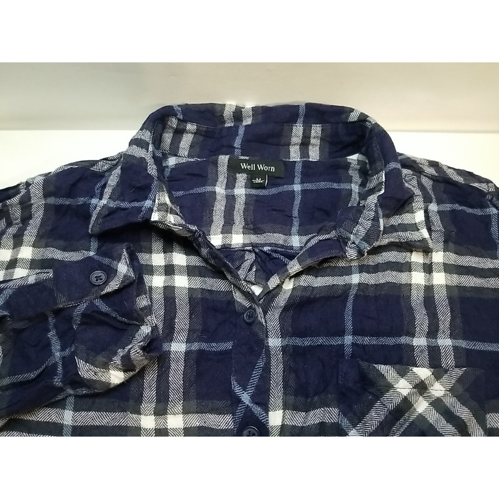 Well Worn Womens Medium Plaid Flannel Shirt Blue Long Sleeve Button‎ Up